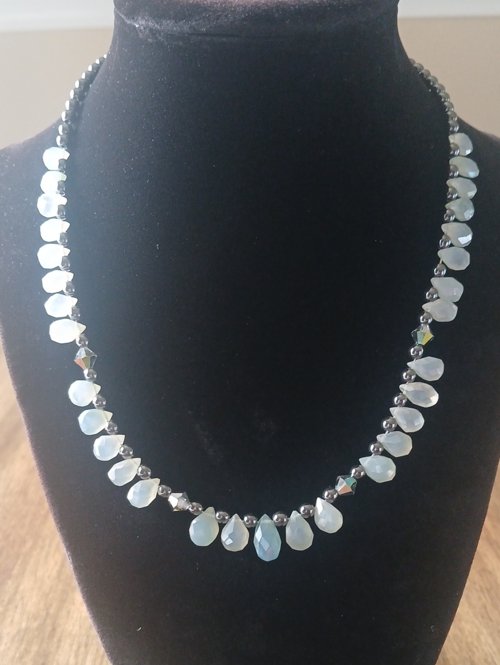 Aquamarine Calcedony and Hematite Beaded Necklace